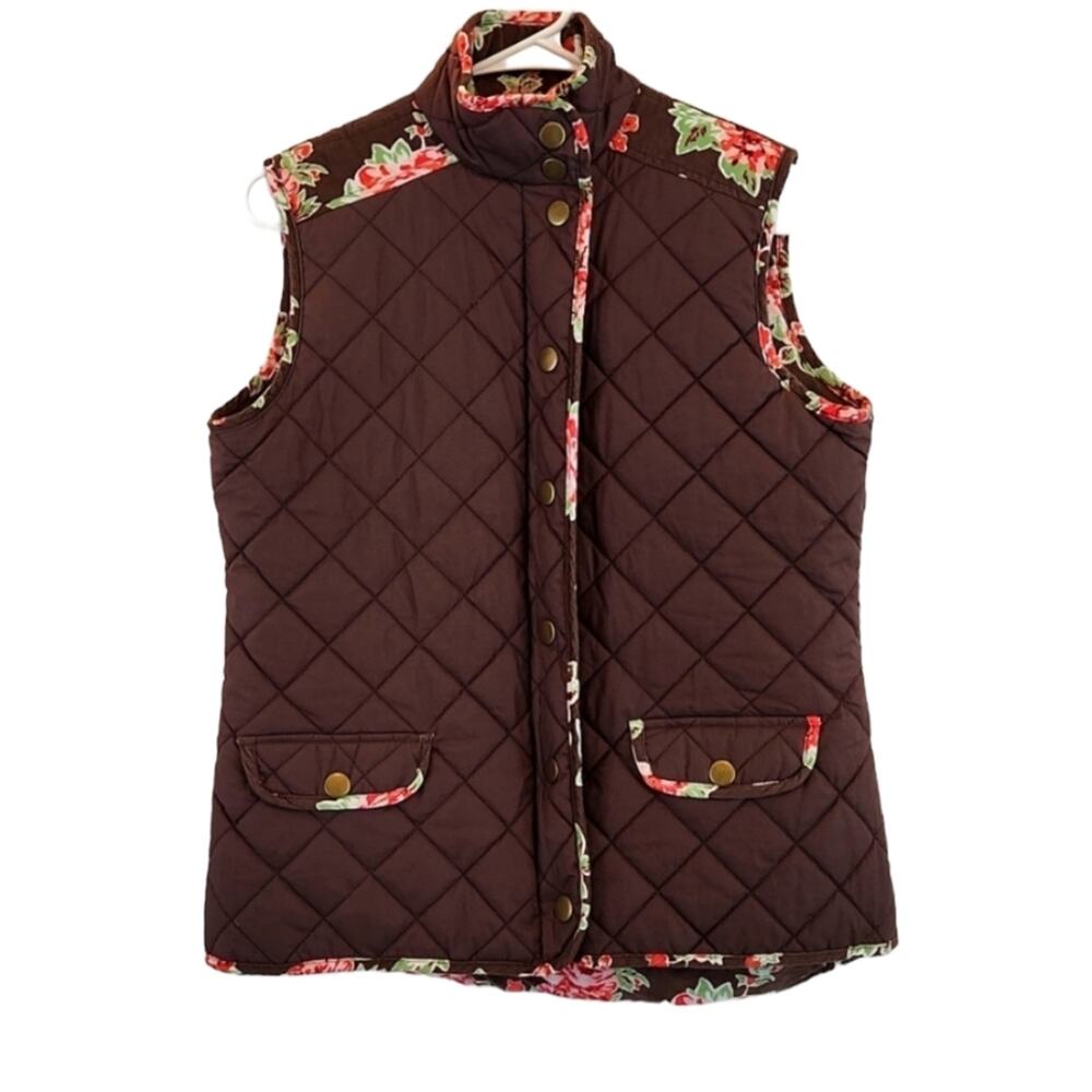 Matilda Jane Quilted Brown & Corduroy Floral‎ Zip & Snap Vest Size SM Sleeveless